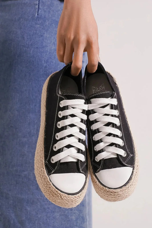 Beast Fashion Lace Up Woven Espadrille Sole Sneakers Black