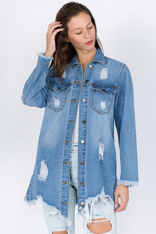 American Bazi Distressed Frayed Hem Denim Jacket Blue