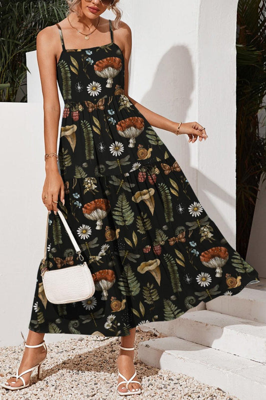 FAM-FAM Tiered Printed Square Neck Cami Dress Black