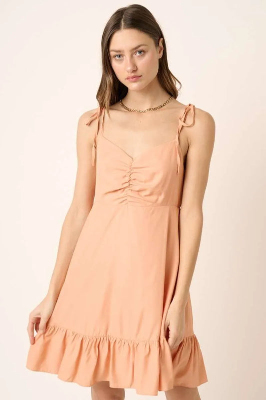 Mittoshop Ruched Detail Spaghetti Tie Mini Dress PEACH