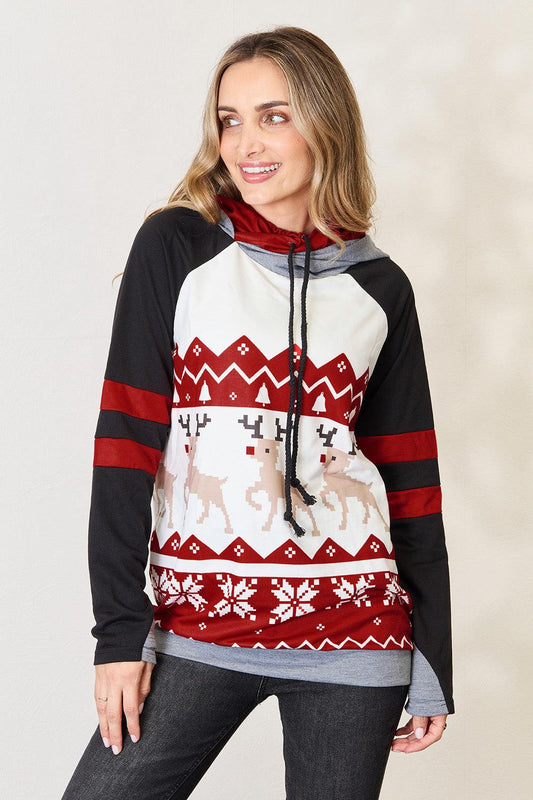 Double Take Full Size Christmas Drawstring Long Sleeve Hoodie Rust S