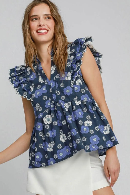 Umgee Full Size Floral Print Peplum Top Plus Size NAVY MIX