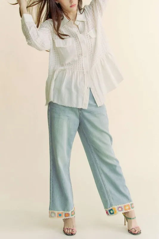 Davi & Dani Garment Washed Jacquard Button Front Shirt