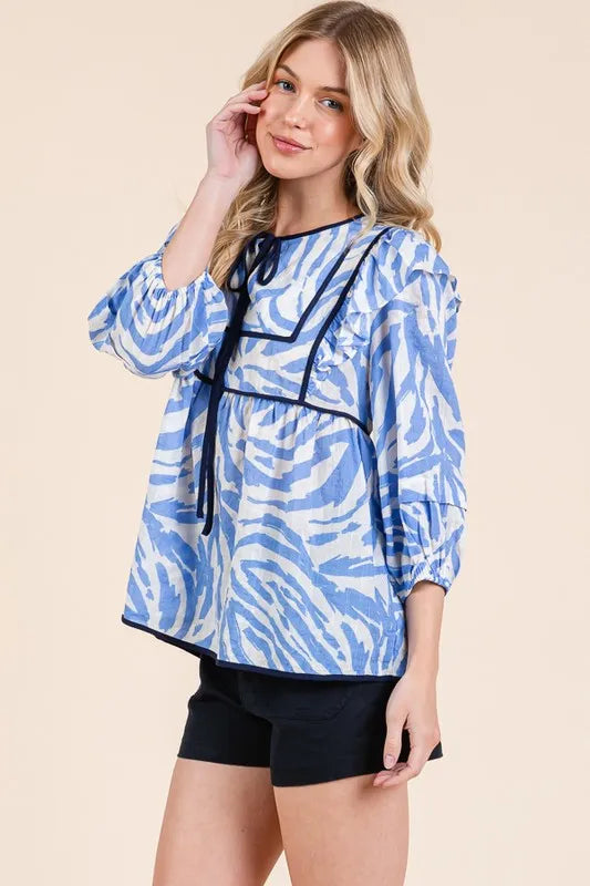Lime 'N' Chili Graphic Print Solid Trim Quarter Sleeve Blouse