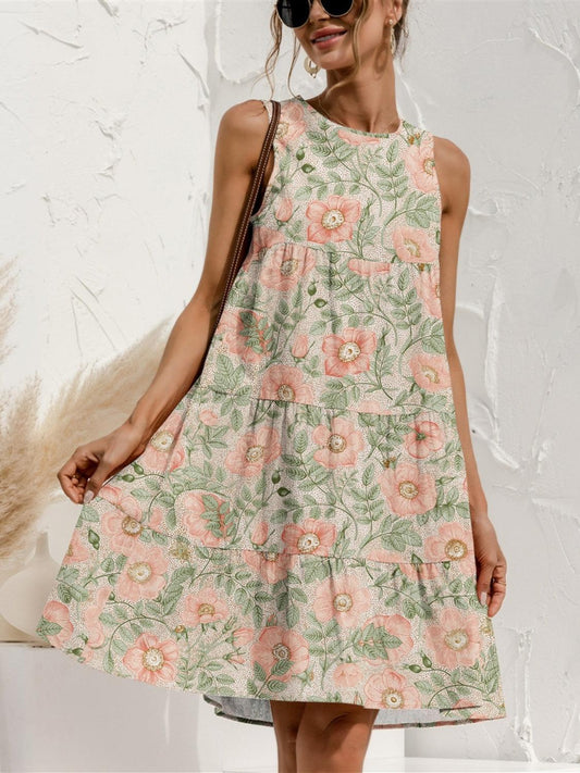 Tiered Printed Round Neck Sleeveless Dress Peach
