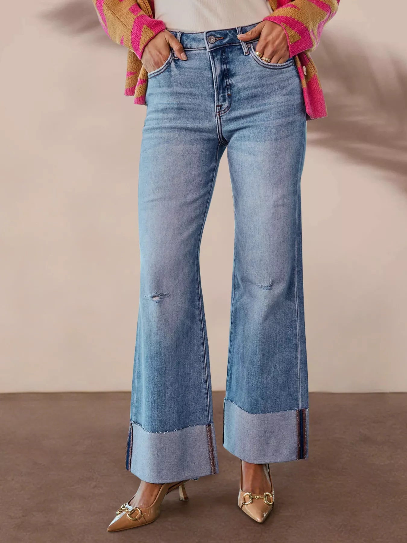 Women's Distressed High-Waisted Wide Cuff Flare Jeans