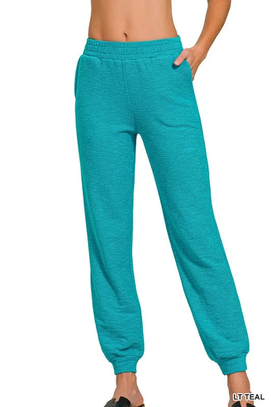 Zenana Cotton Slub Jogger Pants LT TEAL