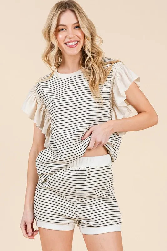 Lime 'N' Chili Striped Ruffle Sleeve Round Neck Top & Shorts Set