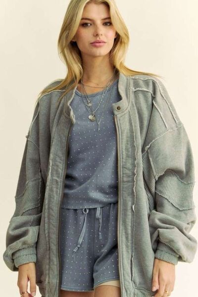 Davi & Dani Exposed Seam Zip Up Dropped Shoulder Jacket Grey
