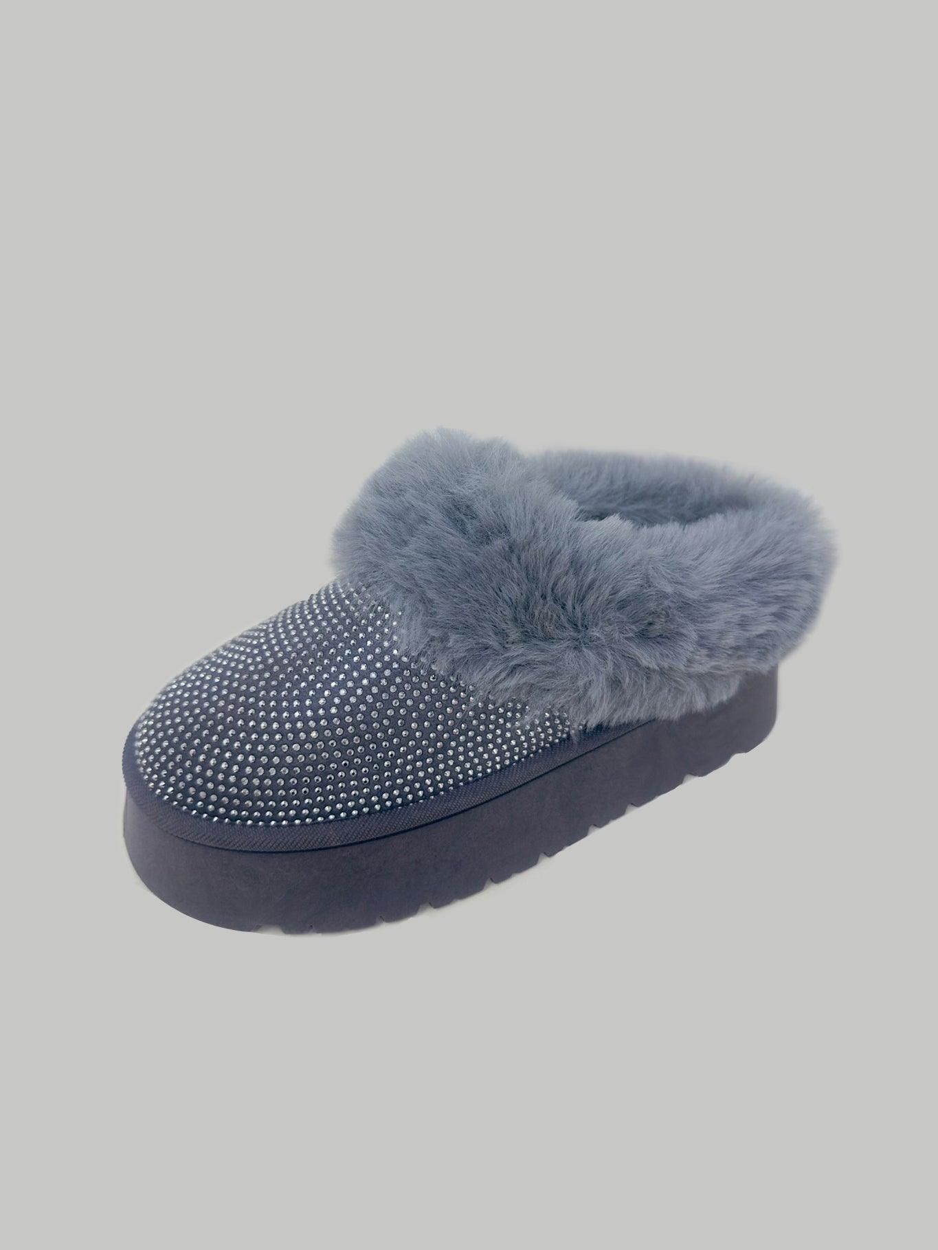 WILD DIVA Embellished Faux Fur Platform Booties Gray