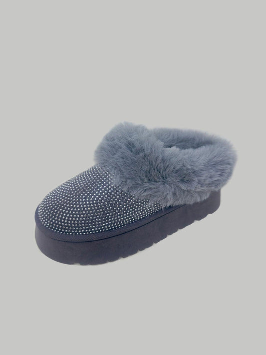 WILD DIVA Embellished Faux Fur Platform Booties Gray