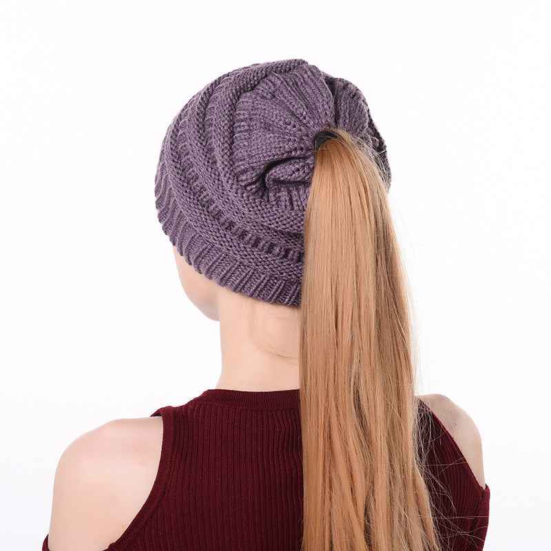 Womens Knitted Ponytail Hat Winter Warm Cap Purple With CC label