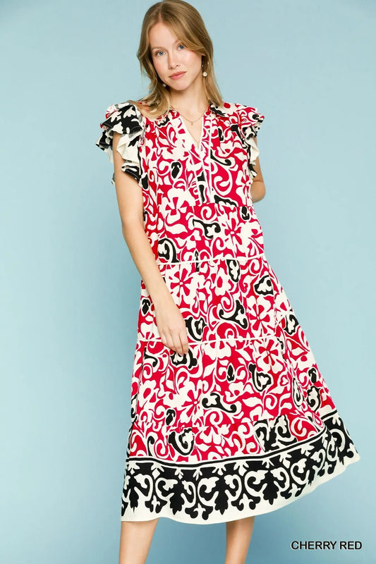 Umgee Printed Ruffled Cap Sleeve Midi Dress CHERRY RED