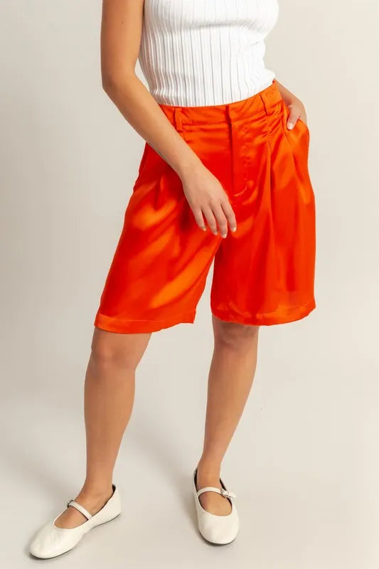 HYFVE High-Waist Pleated Satin Shorts Red