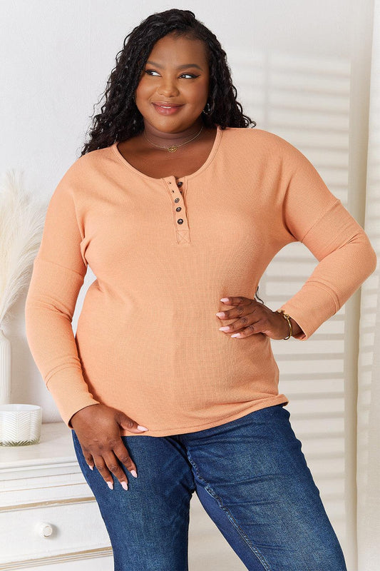 Basic Bae Half Button Long Sleeve Top Caramel