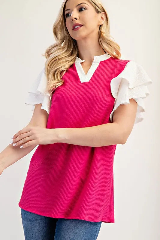 Celeste Full Size Solid Color Top with Ruffle Layered Sleeves Plus Size