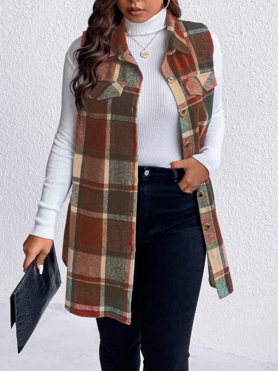 Honey Plus Size Pocketed Plaid Button Up Vest Coat Brown