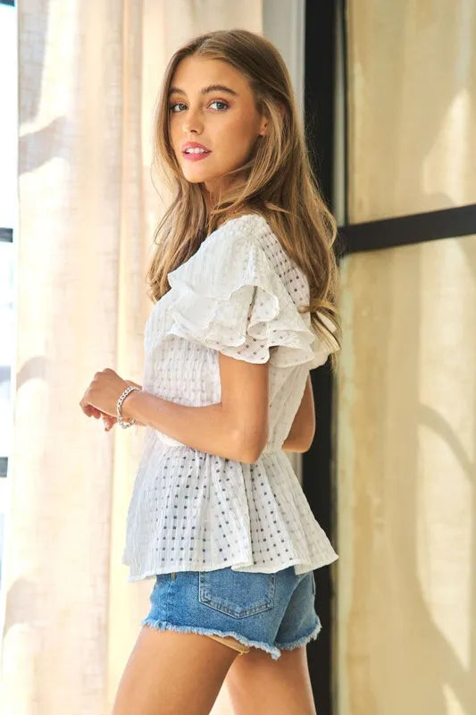 Davi & Dani Shirring V-Neck Ruffle Gingham Plaid Printed Top