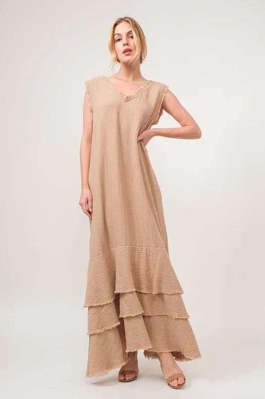 And The Why Washed Cotton Gauze Fringe Detail Tiered Dress Sand