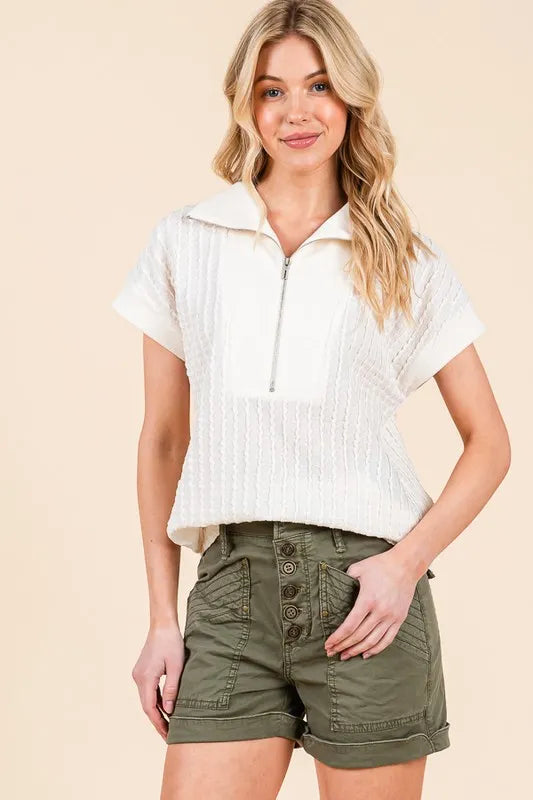 Lime 'N' Chili Textured Half Zip Cap Sleeve Contrast Top
