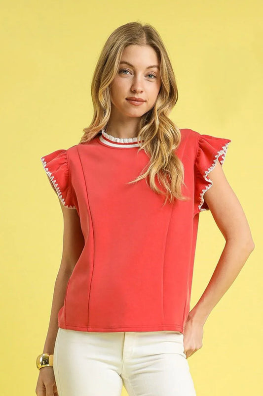 Umgee Contrast Trim Ruffle Cap Sleeve Blouse Red