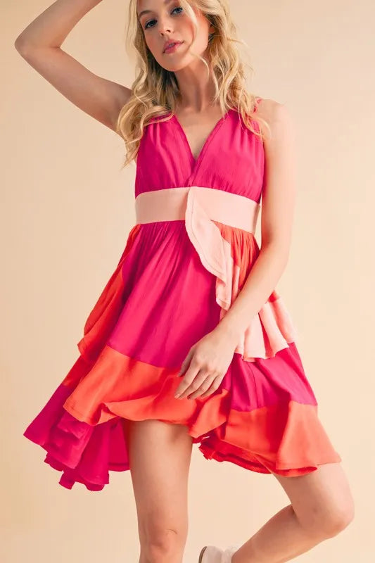 Aemi+Co Ruffled Color Block Sleeveless Mini Dress
