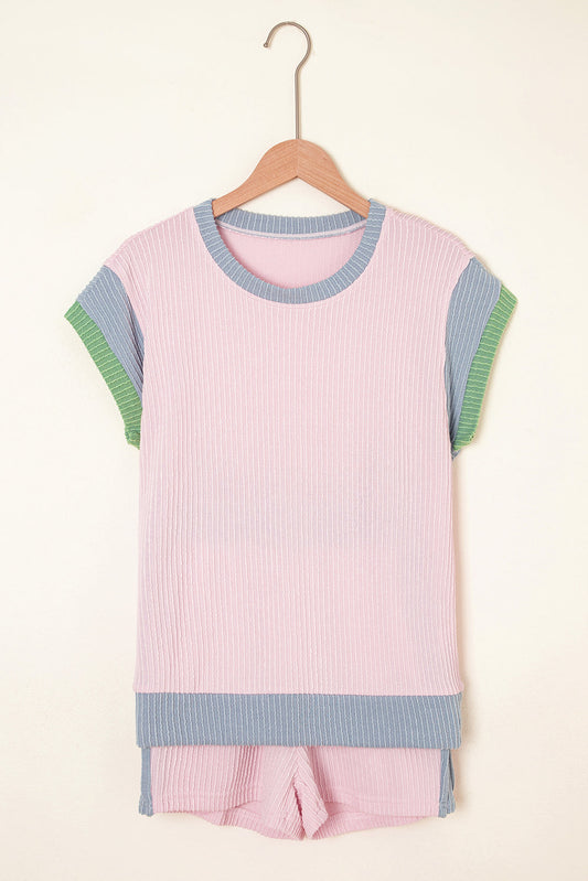 Colorblock Corded Knit Boxy Top & Shorts Set