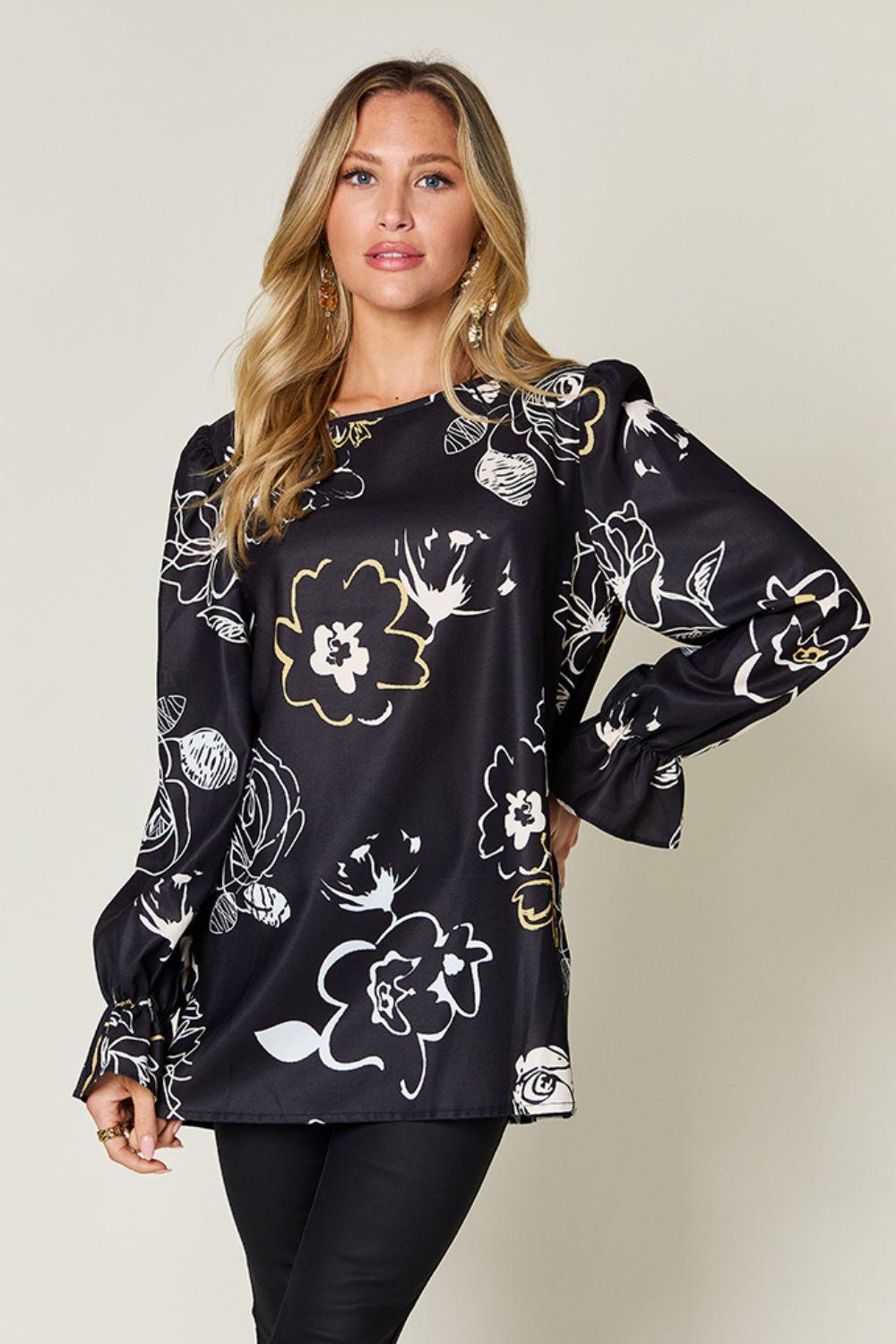 Double Take Full Size Printed Flounce Sleeve Blouse Black