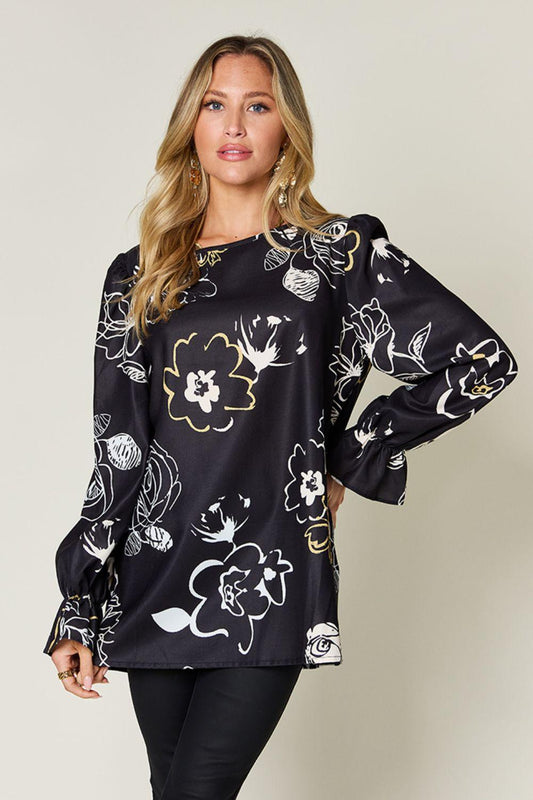 Double Take Full Size Printed Flounce Sleeve Blouse Black