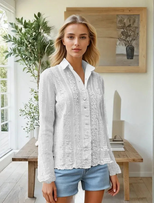 ADORA Embroidered Long Sleeve Button Down Shirt White One Size
