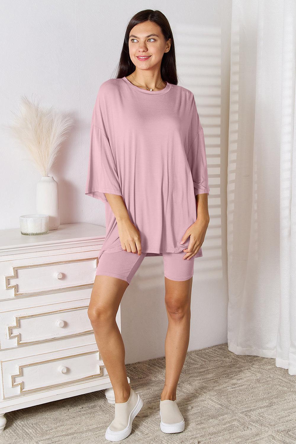 Basic Bae Full Size Soft Rayon Three-Quarter Sleeve Top and Shorts Set Blush Pink
