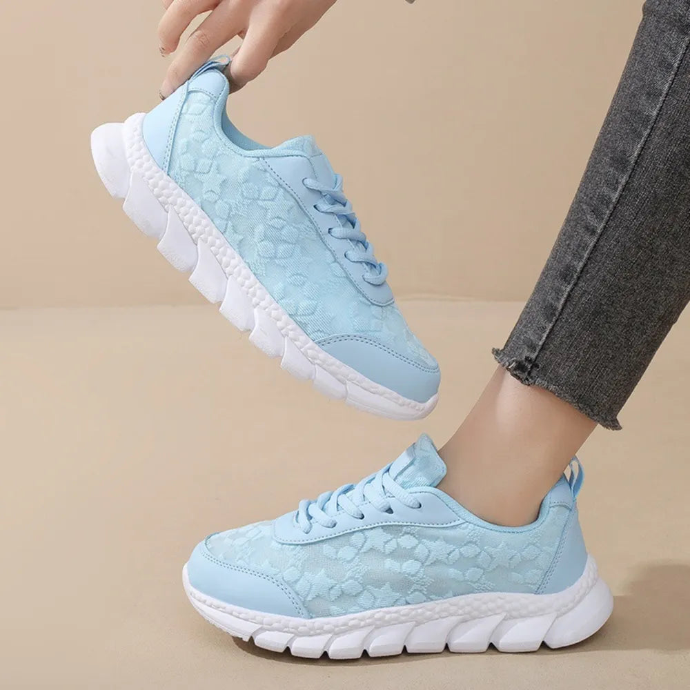 Lace Up Round Toe Star Mesh Athletic Light Blue