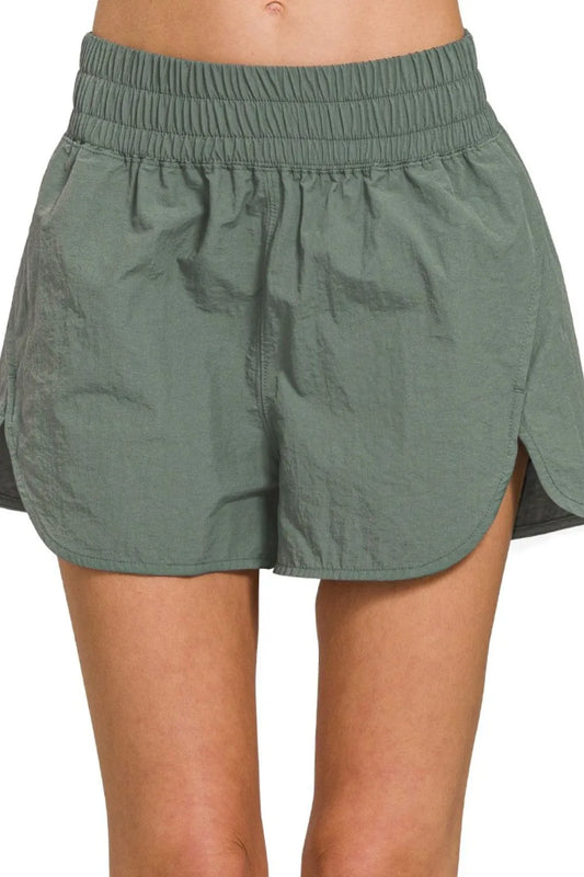 Zenana Windbreaker Smocked Waistband Running Shorts ASH JADE