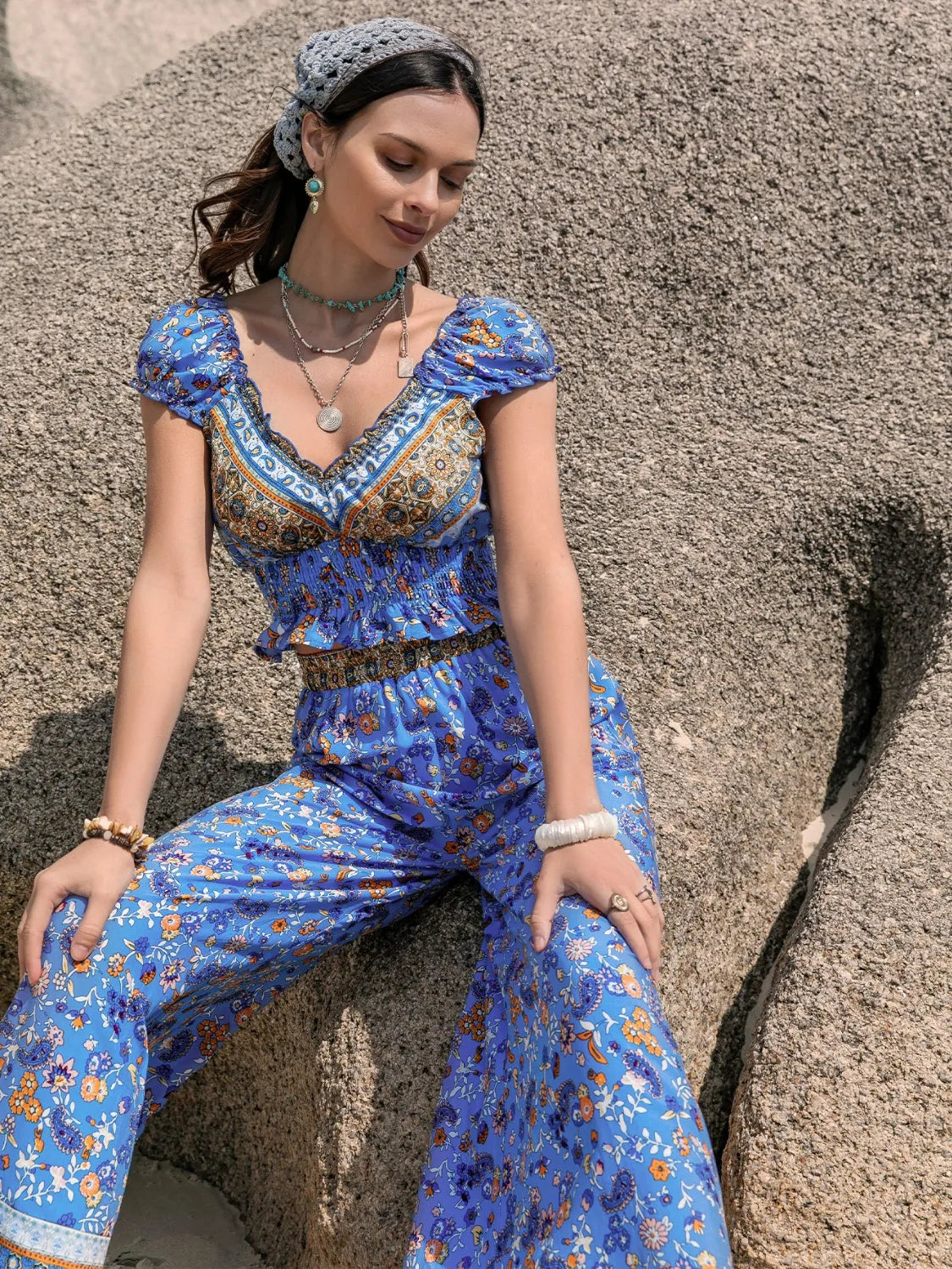 Printed V-Neck Top and Pants Set