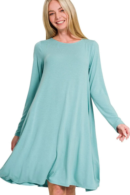 Zenana Long Sleeve Flare Dress With Pockets DUSTY TEAL