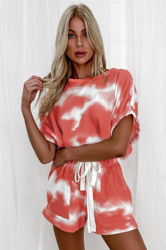 Tie-Dye Round Neck Top and Shorts Set Burnt Coral