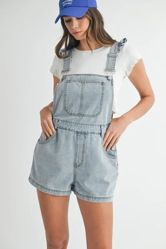MABLE Square Neck Ruffle Shoulder Denim Overall Romper Lt Denim