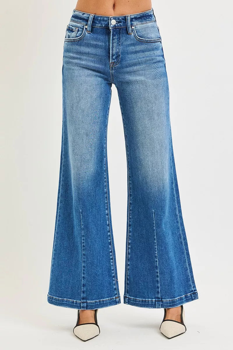 Mid Rise Wide Flared Leg Blue Jeans Women's Small to 3XL