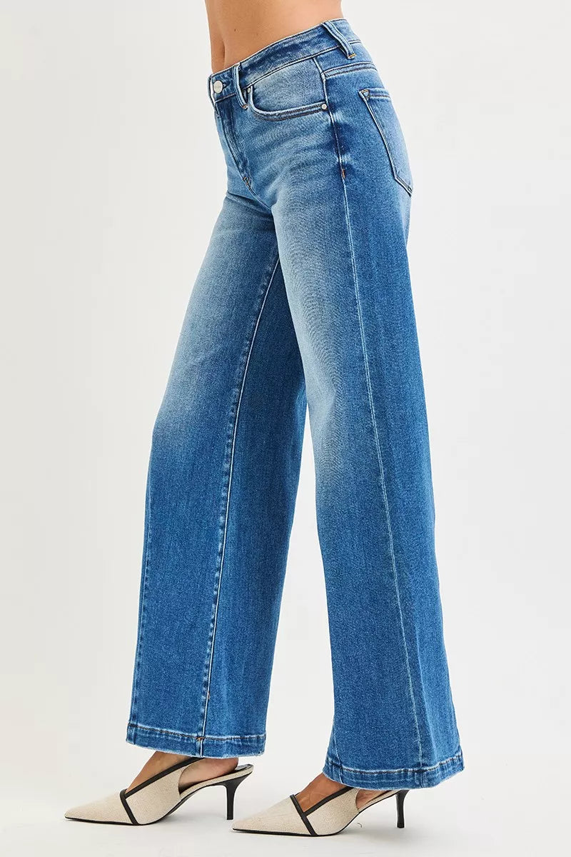 Mid Rise Wide Flared Leg Blue Jeans Women's Small to 3XL