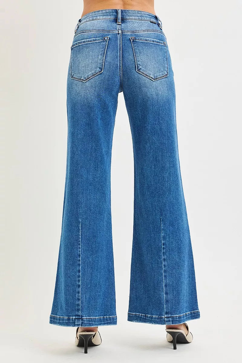 Mid Rise Wide Flared Leg Blue Jeans Women's Small to 3XL