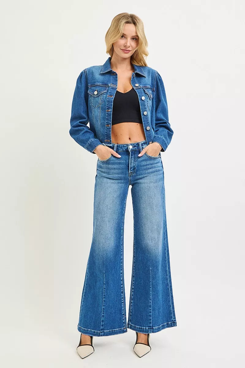 Mid Rise Wide Flared Leg Blue Jeans Women's Small to 3XL