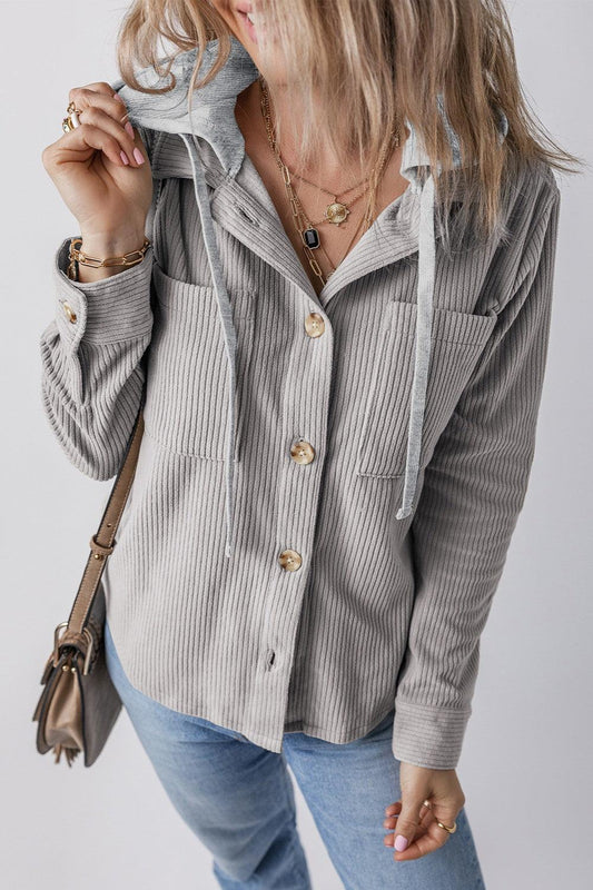 Drawstring Button Up Long Sleeve Hooded Jacket Gray