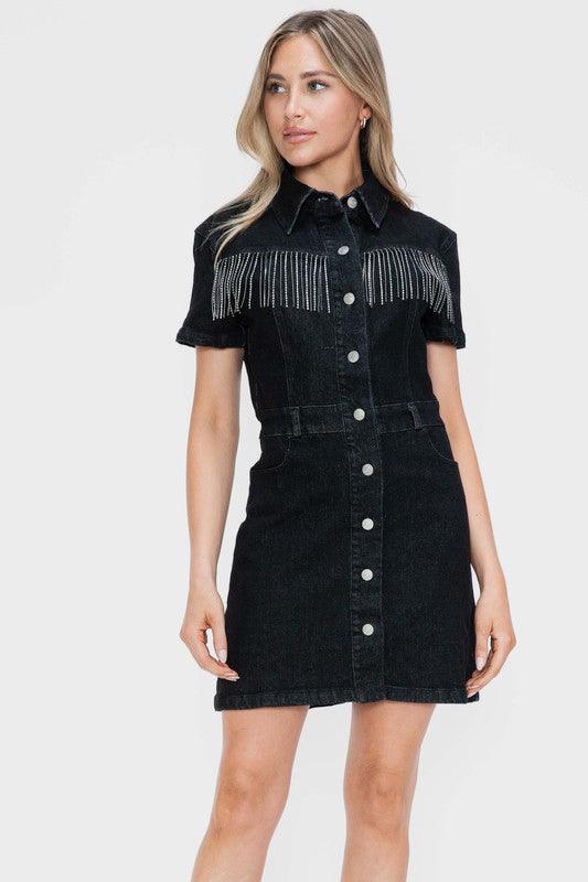 bytos Full Size Embellished Button Down Short Sleeve Denim Dress Black