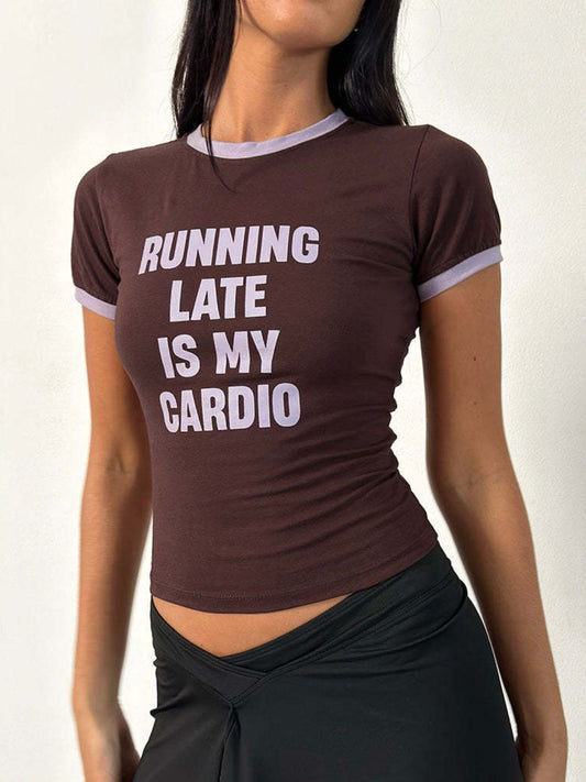 Letter Graphic Round Neck Short Sleeve T-Shirt Brown