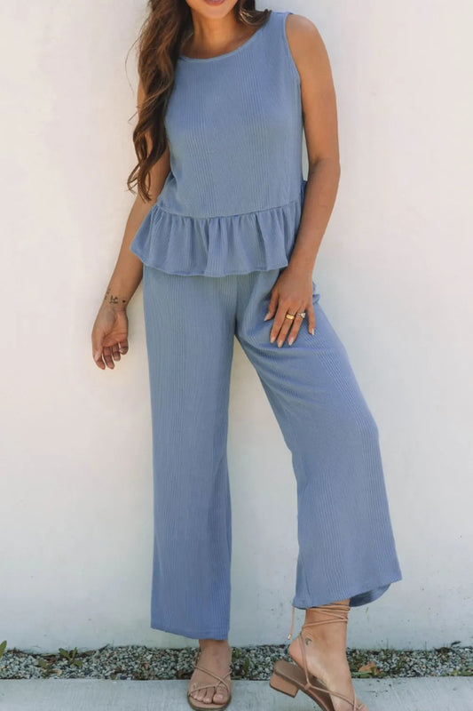 Color Ribbed Ruffle Tank Top and Pants Set Dusty Blue