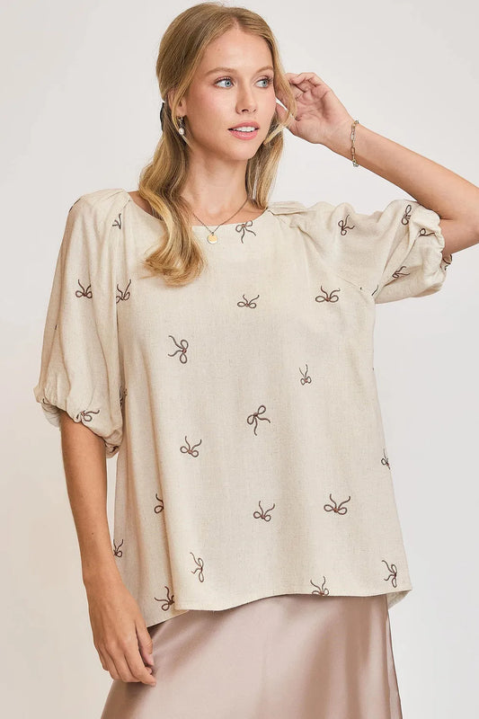 Umgee Full Size Linen Blend Ribbon Embroidered Top Plus Size OATMEAL