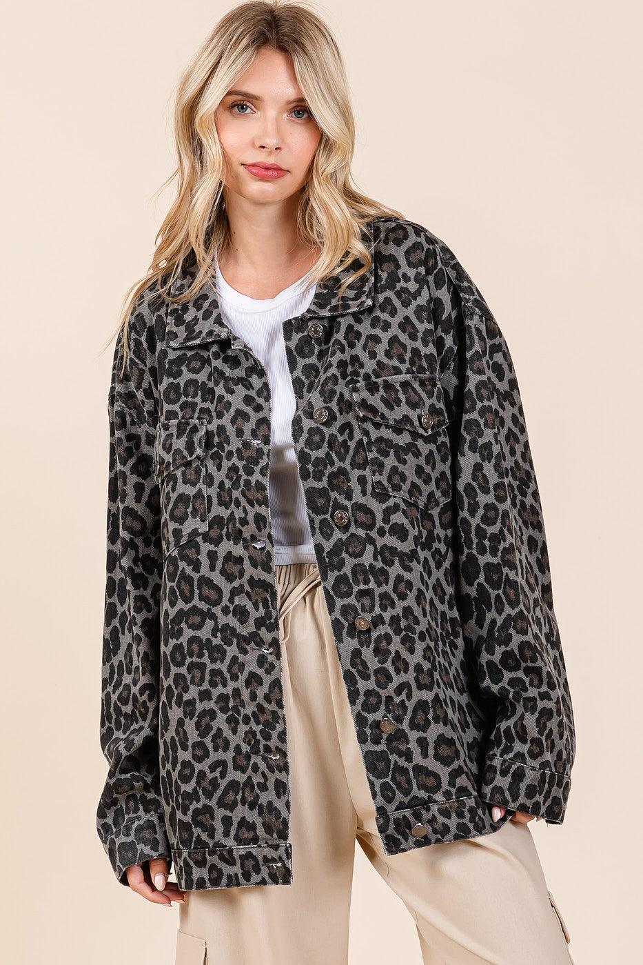 Mittoshop Leopard Button Up Denim Shacket with Breast Pockets Leopard