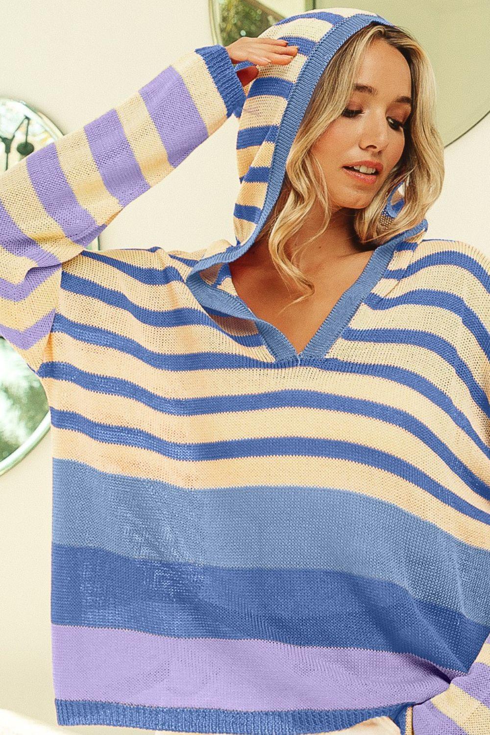 BiBi Striped Color Block Hooded Knit Top Denim Laven Combo
