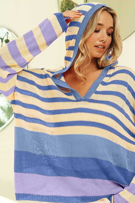BiBi Striped Color Block Hooded Knit Top Denim Laven Combo