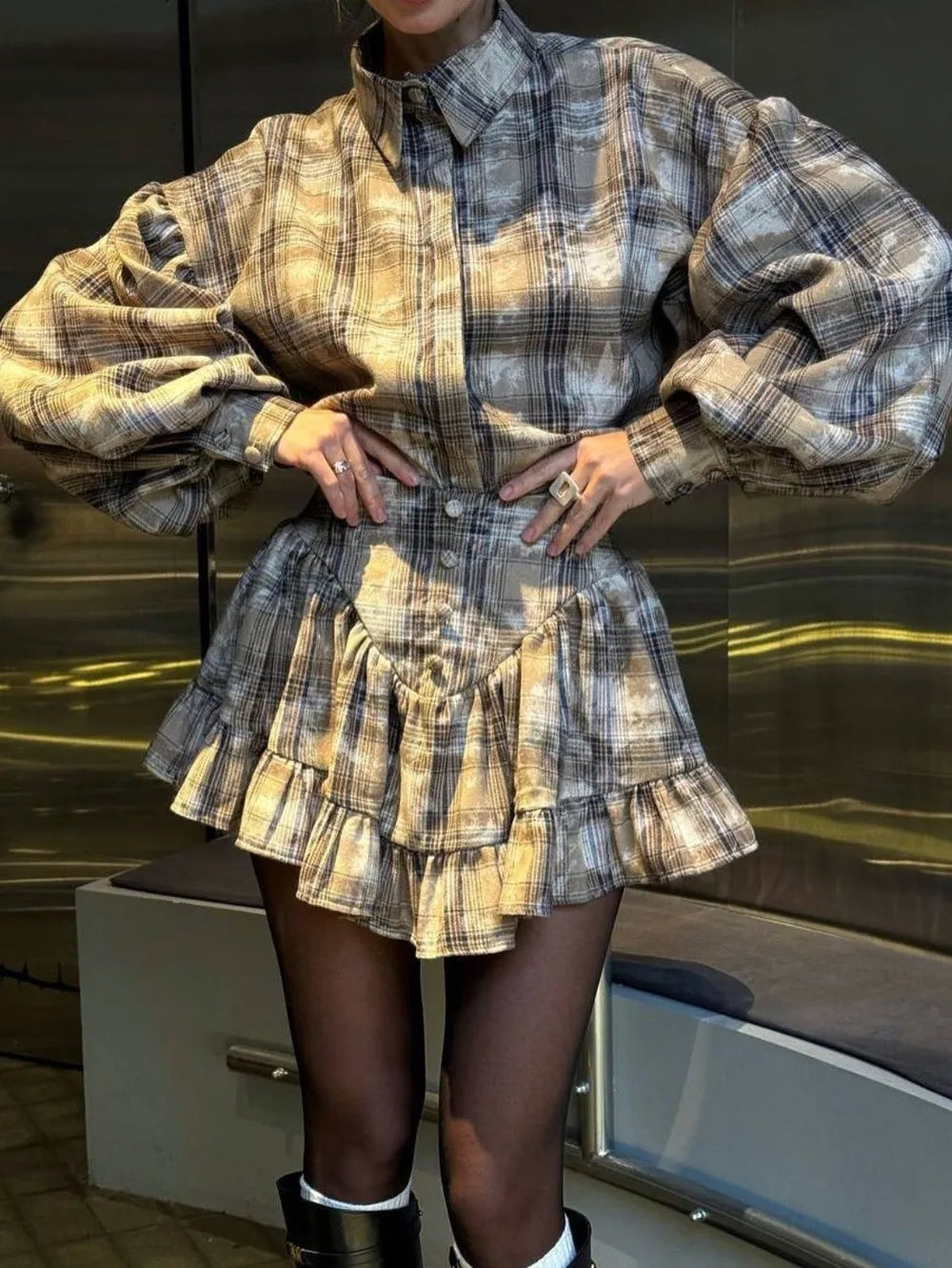 Lantern Sleeve Shirt and Ruffled Skirt Set